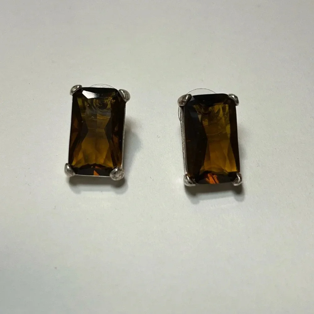 3/$20 Vintage Avon Brown Faux Smoky Quartz Large Rectangle Jewel Earrings